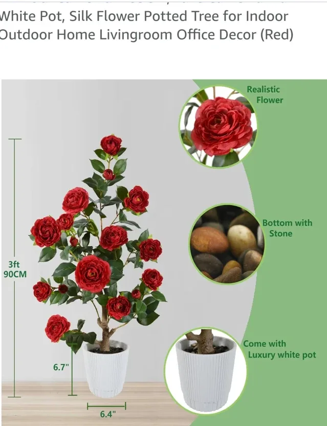 Silk Flower Potted Camellia Tree - Red, 3ft image indicator(3)