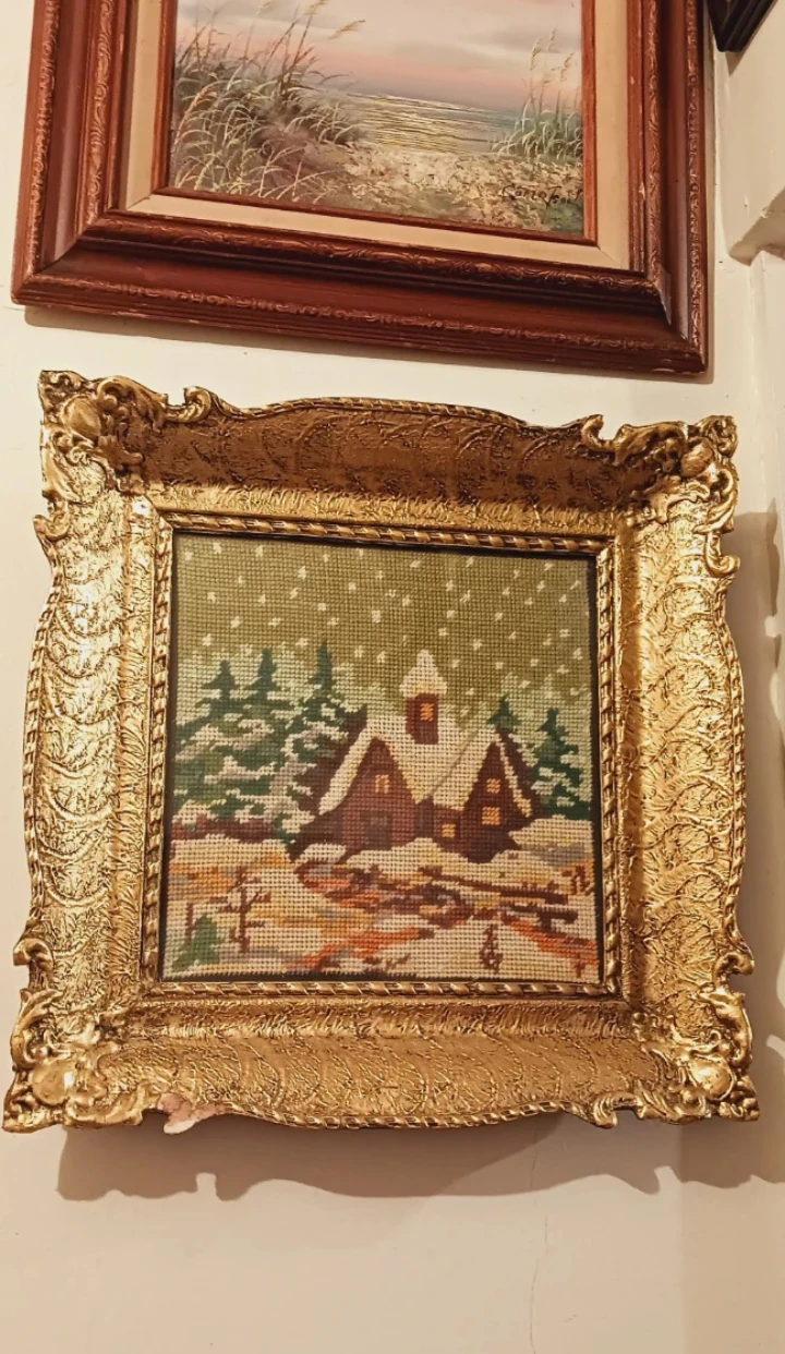 Vintage Framed Needlepoint Winter Scene - photo 2