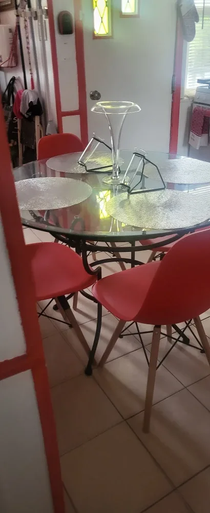 Glass Top Dining Table with 4 Red Chairs image indicator(5)