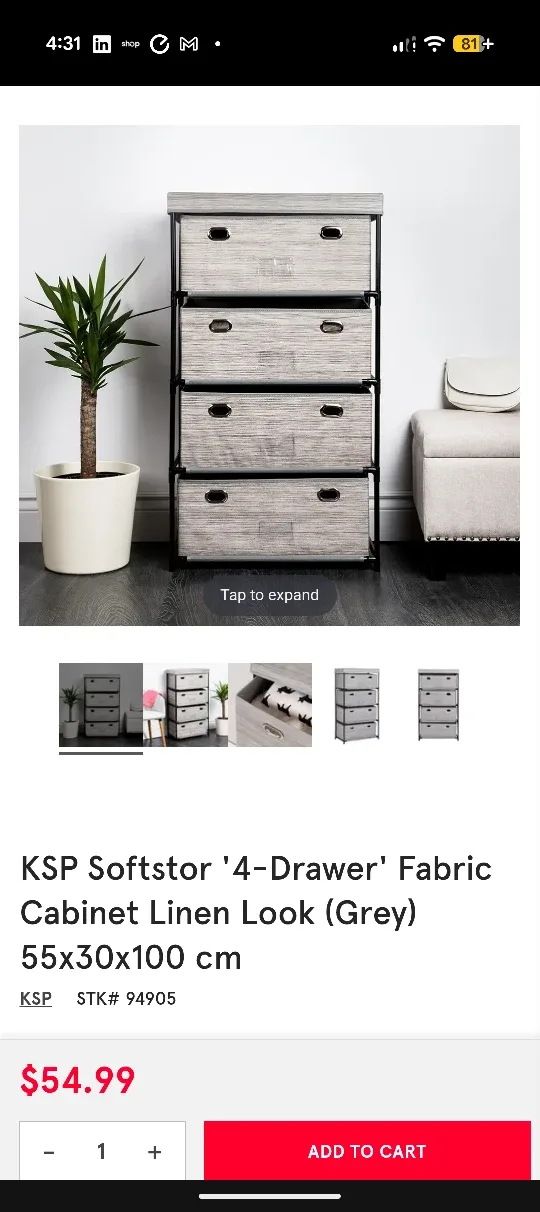 KSP Softstor 4-Drawer Fabric Cabinet (Grey)