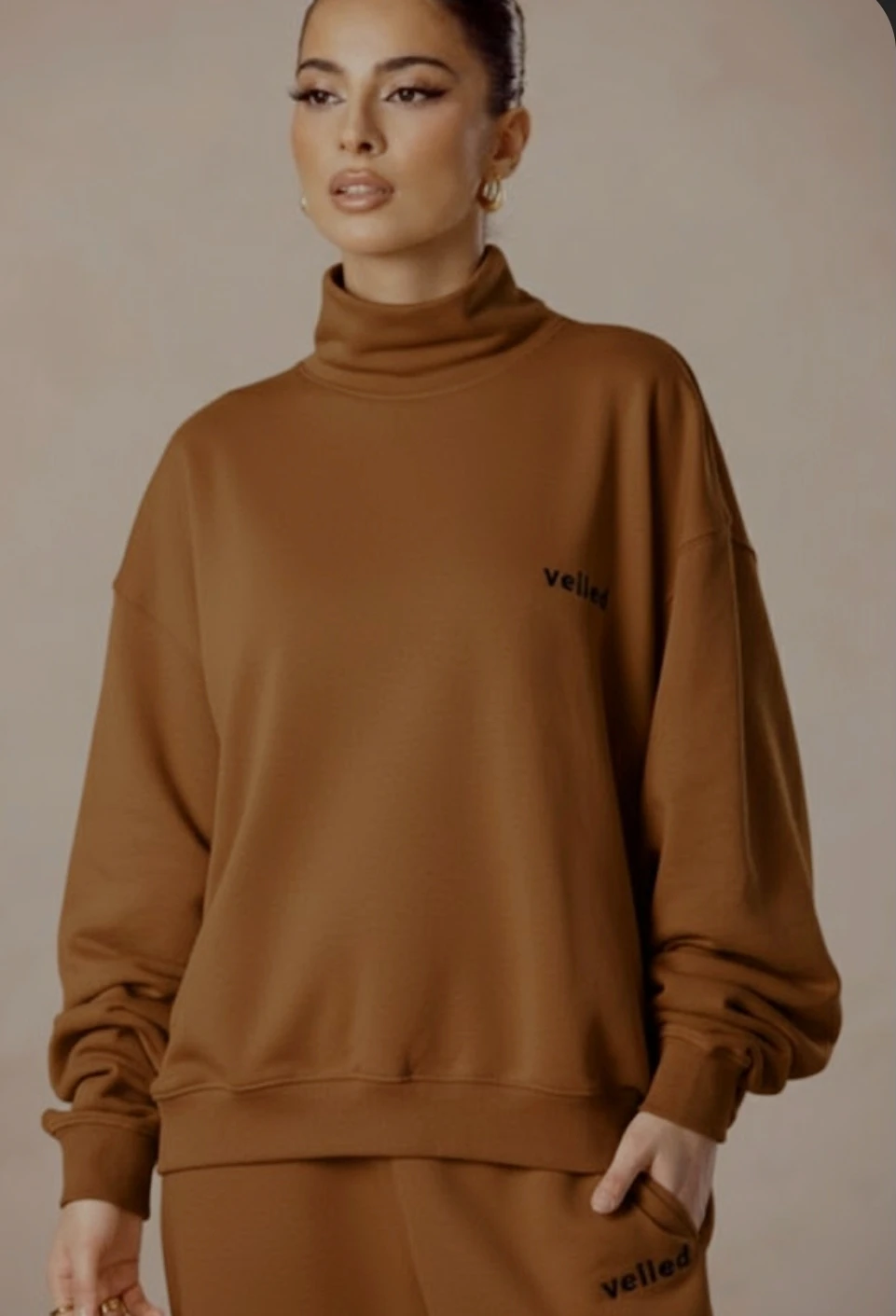 [Veiled Hijab Brand] Pullover Mock  Neck Sweatshirt - Caramel
