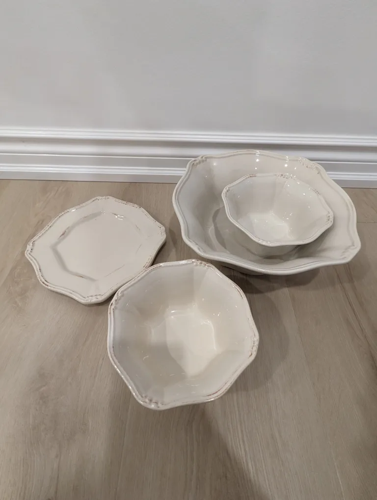 White Ceramic Serving Bowls & Plate Set