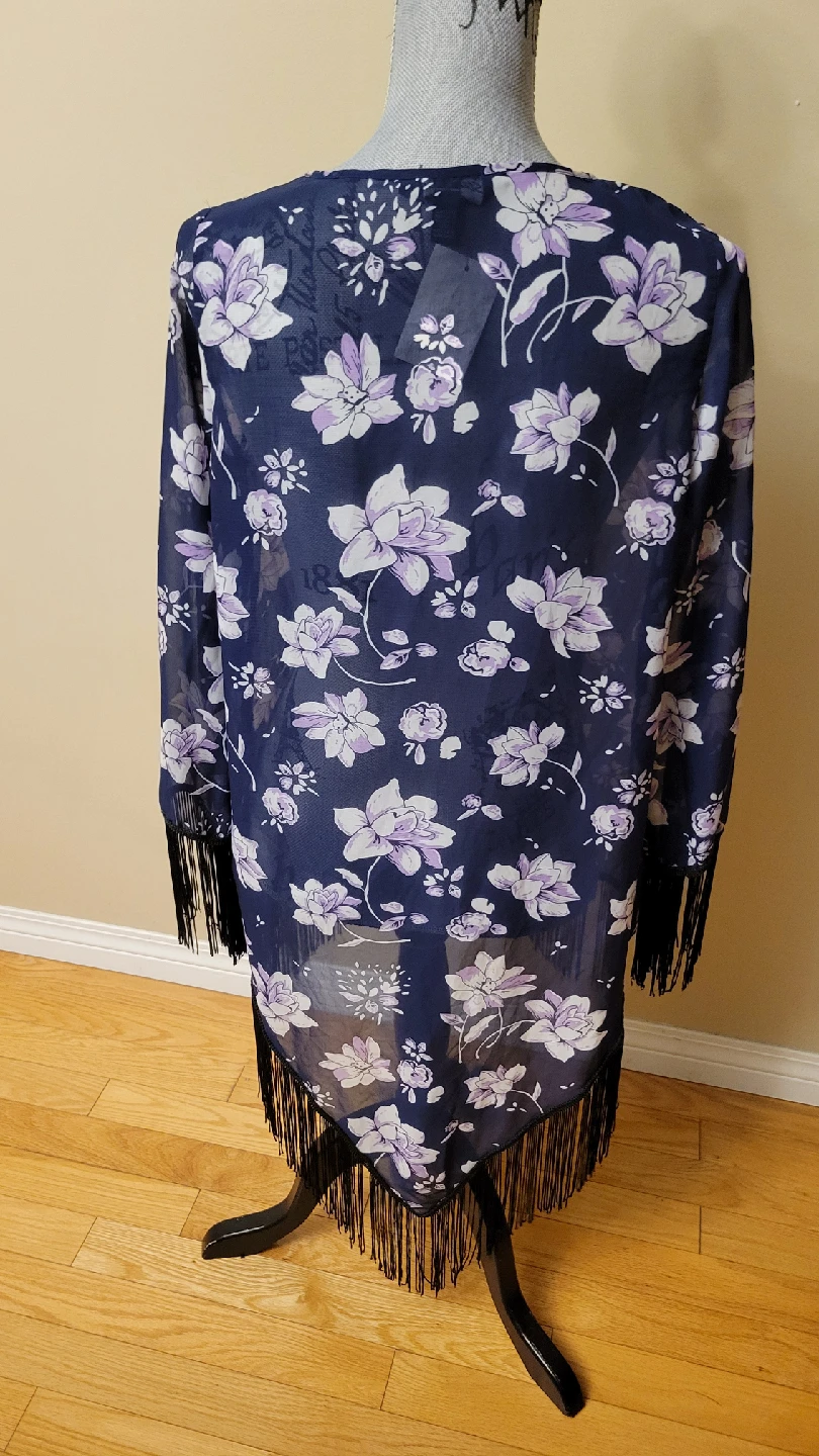 Like New Flattering Floral Print Chiffon Cardigan W/Fringe - photo 2
