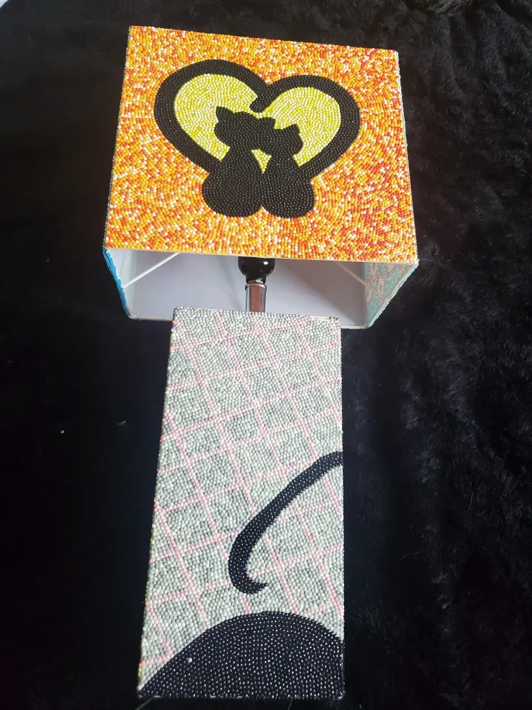 Handcrafted Beaded Table Lamp with Cat Design