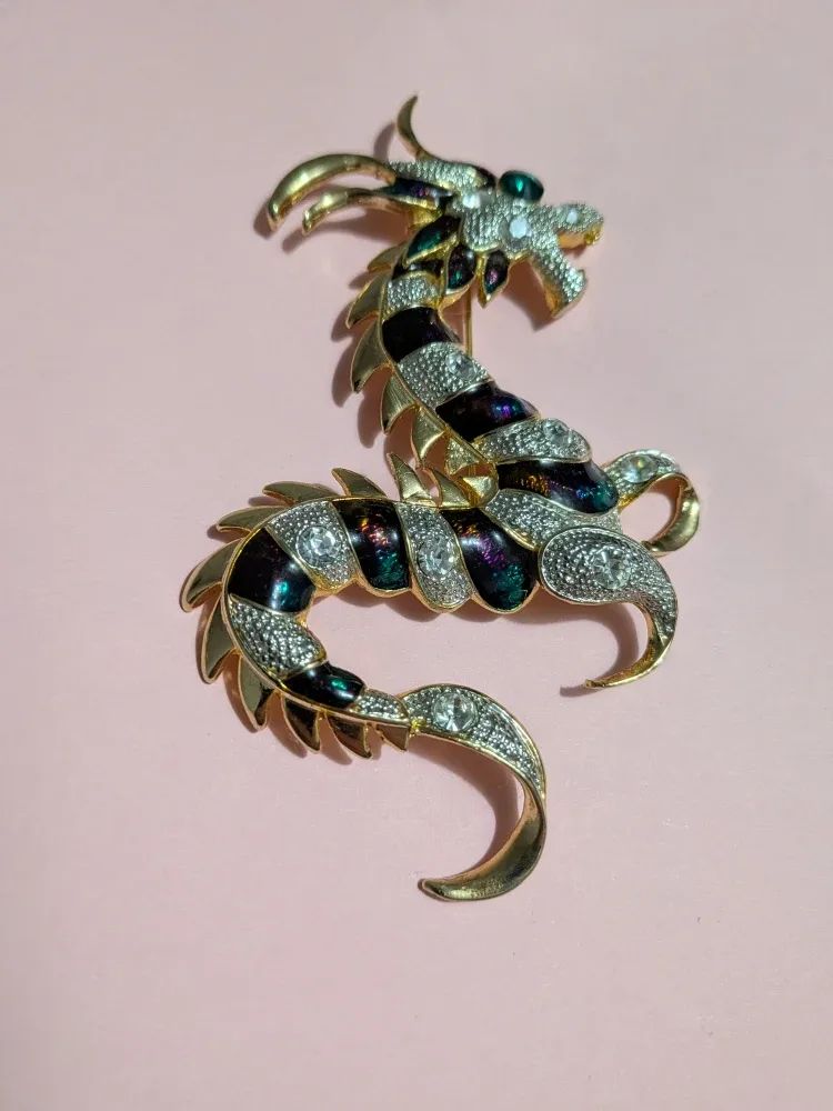 Vintage Dragon faux rhinestone & enamel Brooch