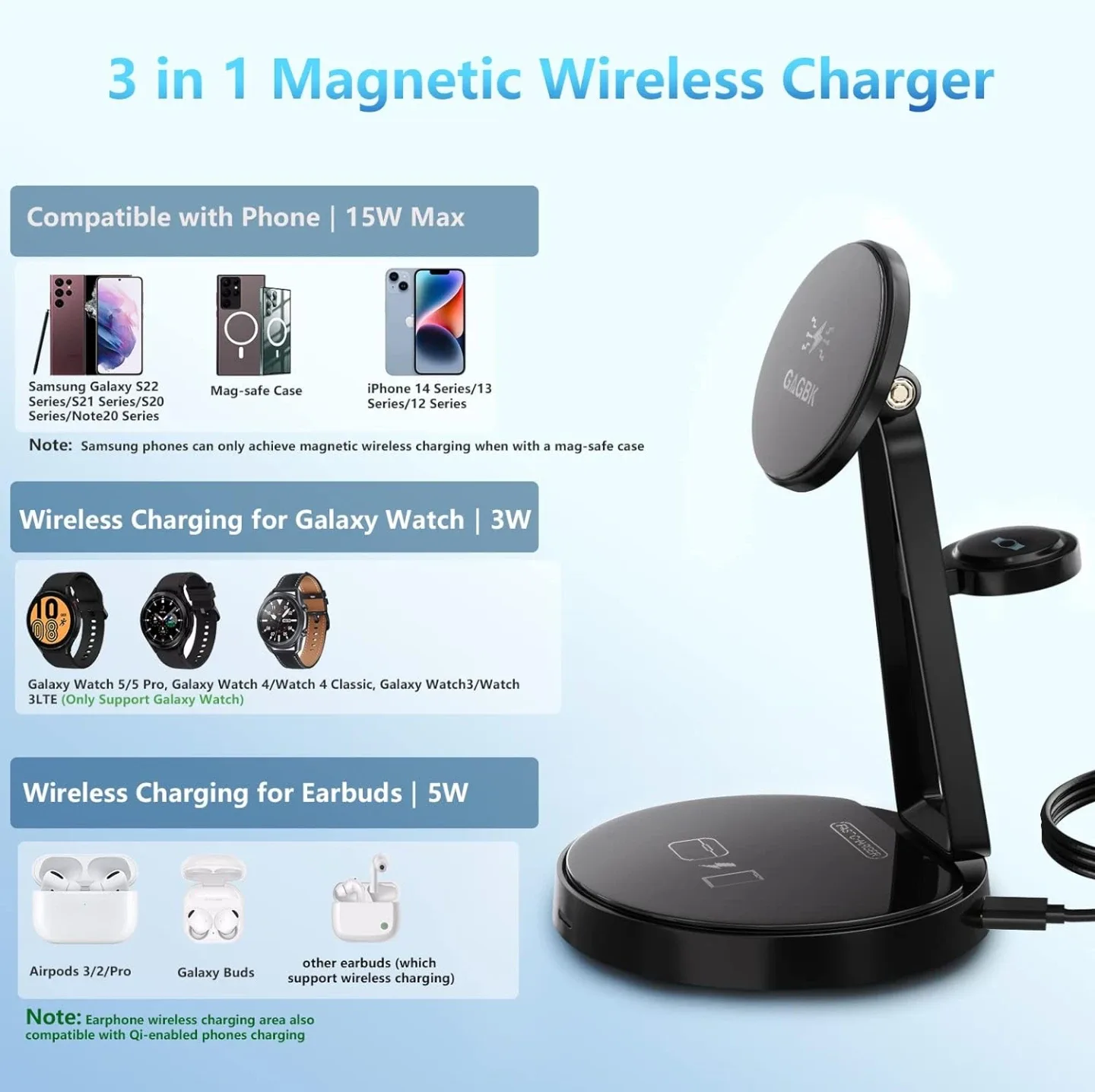 Wireless Charger for Samsung, 3 in 1 Wireless Charging Station image indicator(2)