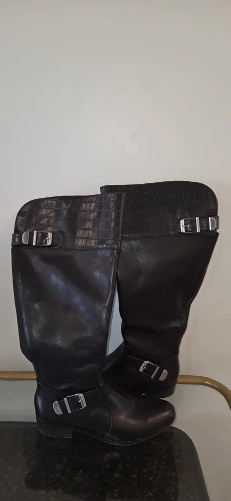 Black Knee High Boots with Buckle Detail