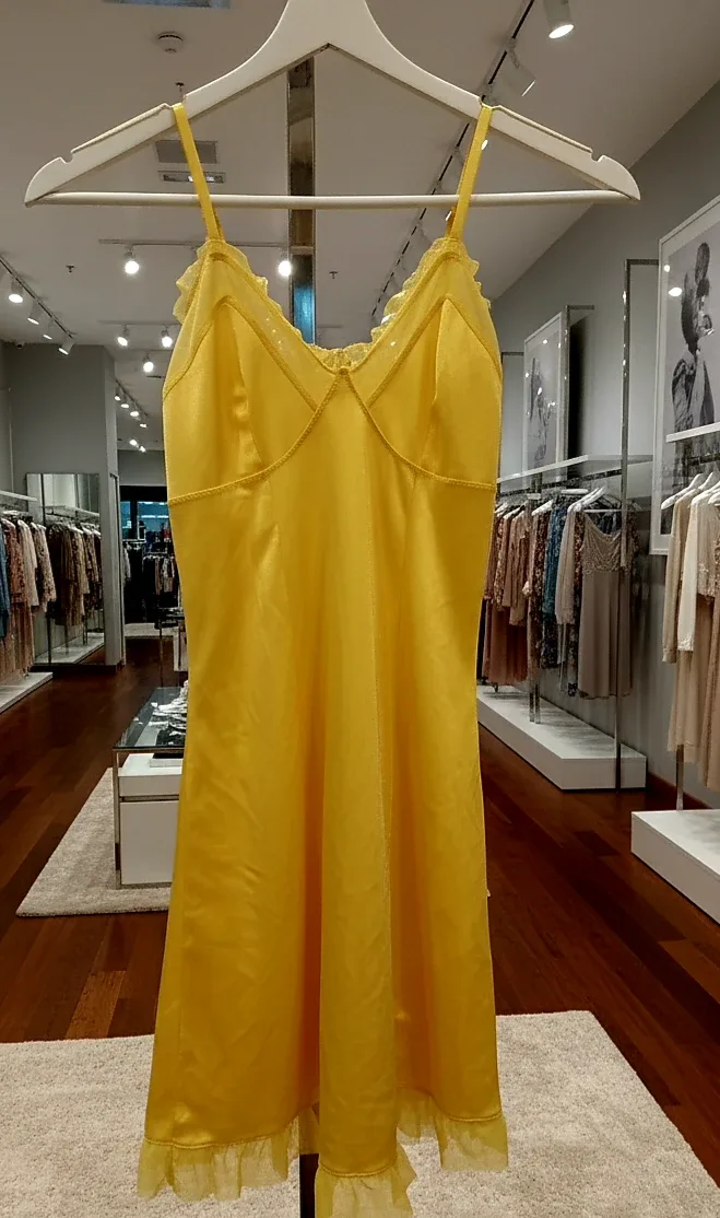La Vien Rose -Yellow Lace Trim Slip Dress