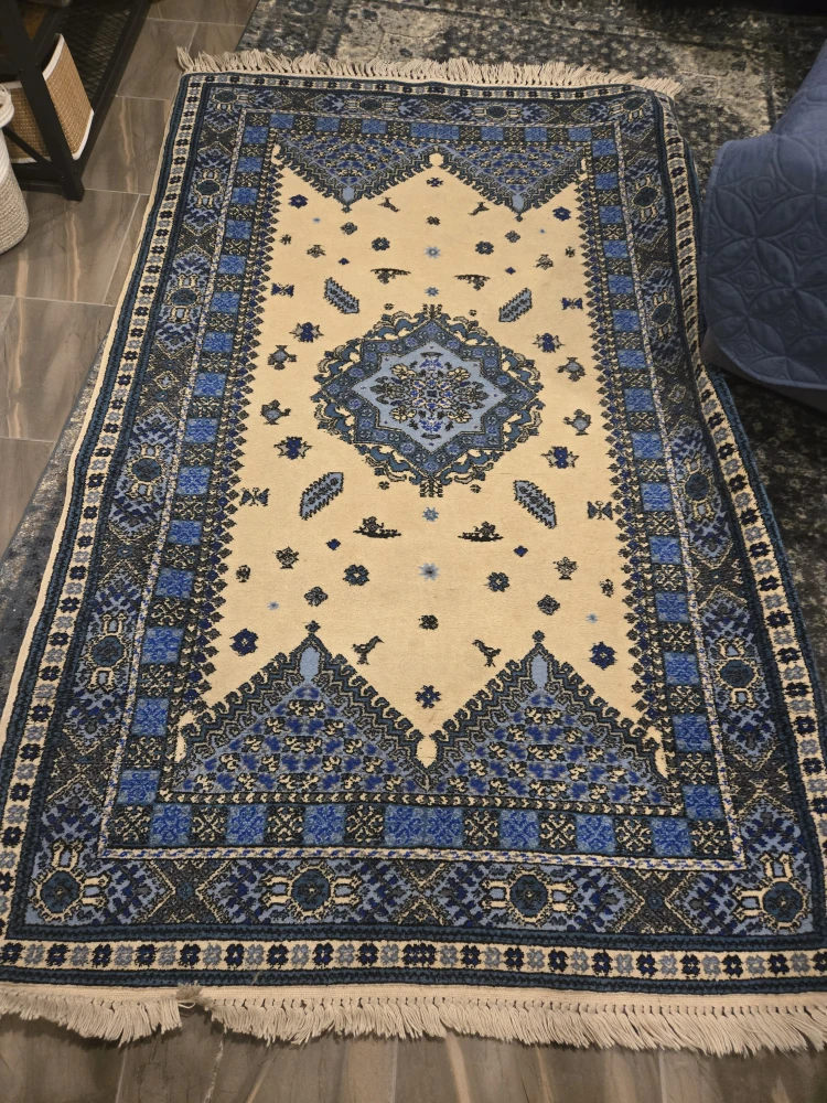 Cream & Blue Patterned Area Rug