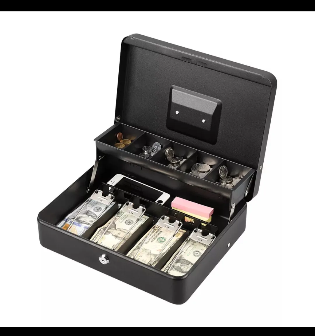 Black Metal Cash Box with Removable Tray