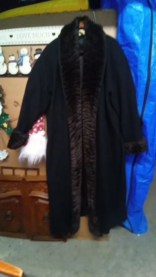 D'Anna Black 100% Wool Coat with Faux Fur Trim