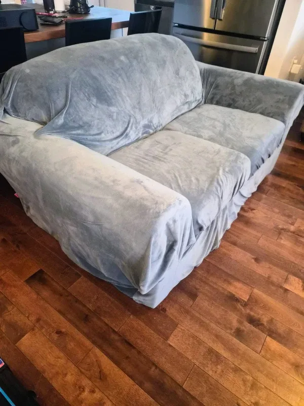 Comfortable Green Sofa + Slate Blue Cover