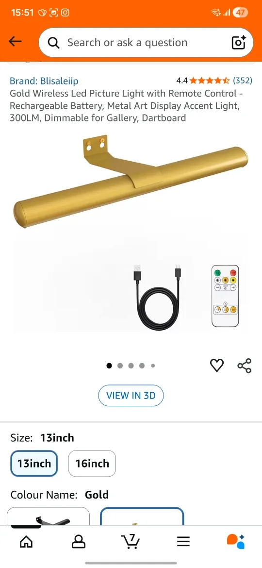 Gold Wireless LED Picture Light - 15 inch