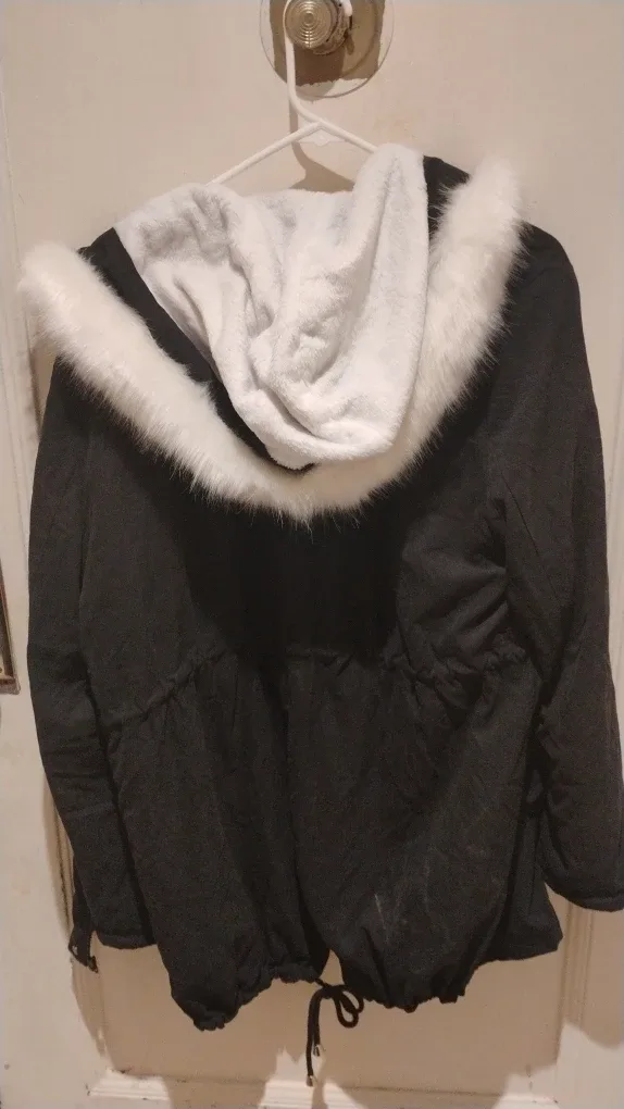 Black Winter Coat with Faux Fur Trim