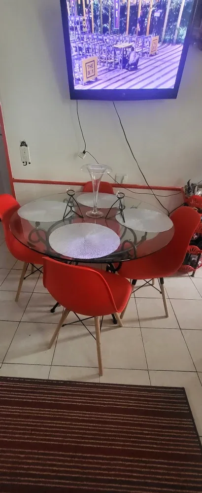 Glass Top Dining Table with 4 Red Chairs