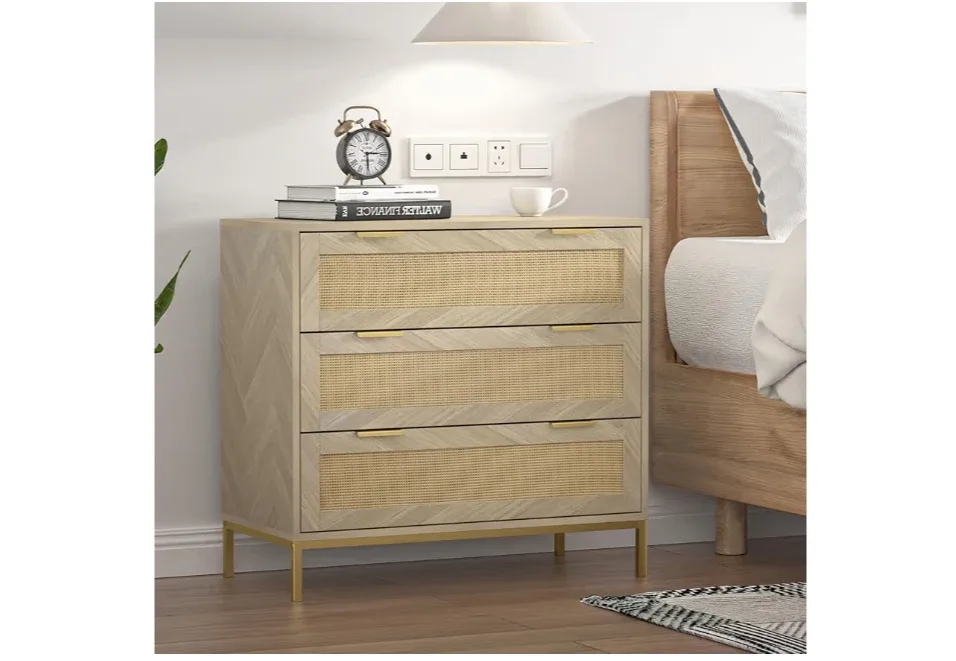 Wood Nightstand with Rattan 3-Drawer Dresser