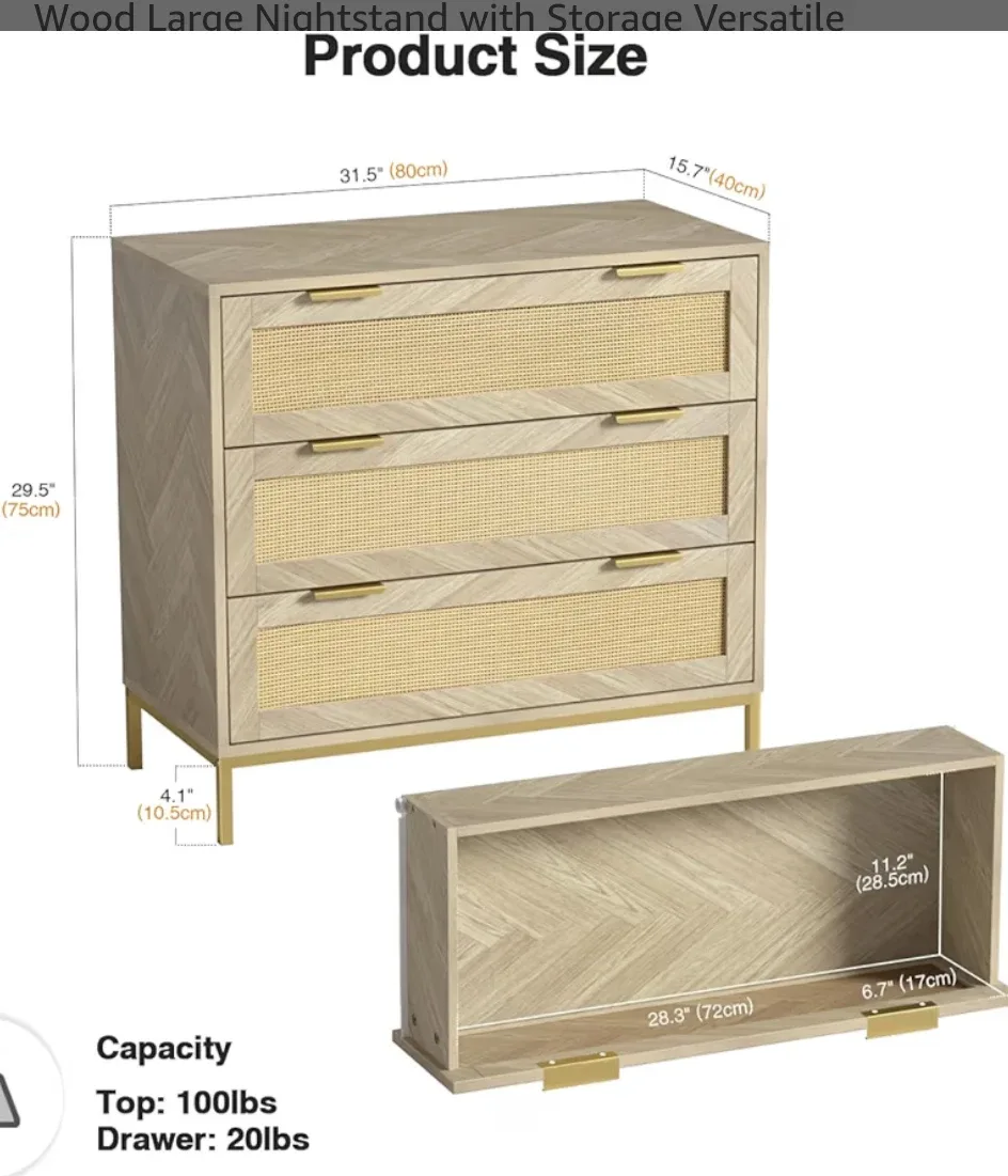 Wood Nightstand with Rattan 3-Drawer Dresser image indicator(2)