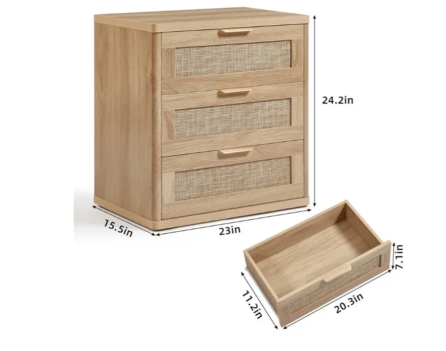 Wood Nightstand with Rattan 3-Drawer Dresser image indicator(3)