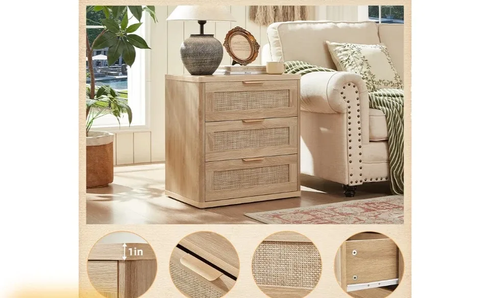 Wood Nightstand with Rattan 3-Drawer Dresser image indicator(5)