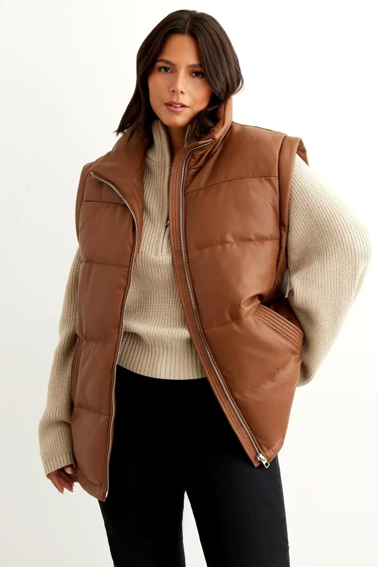 Dynamite Brown Faux Leather Puffer Vest - Size M/L image indicator(3)