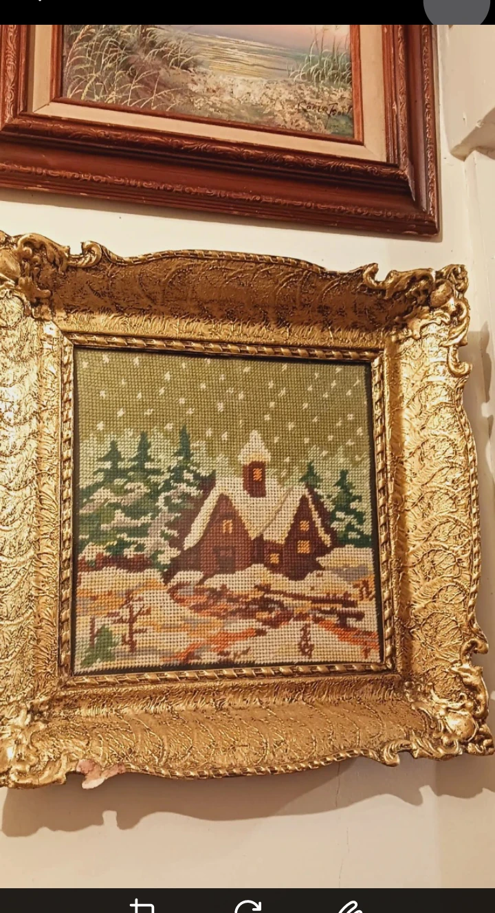 Vintage Framed Needlepoint Winter Scene