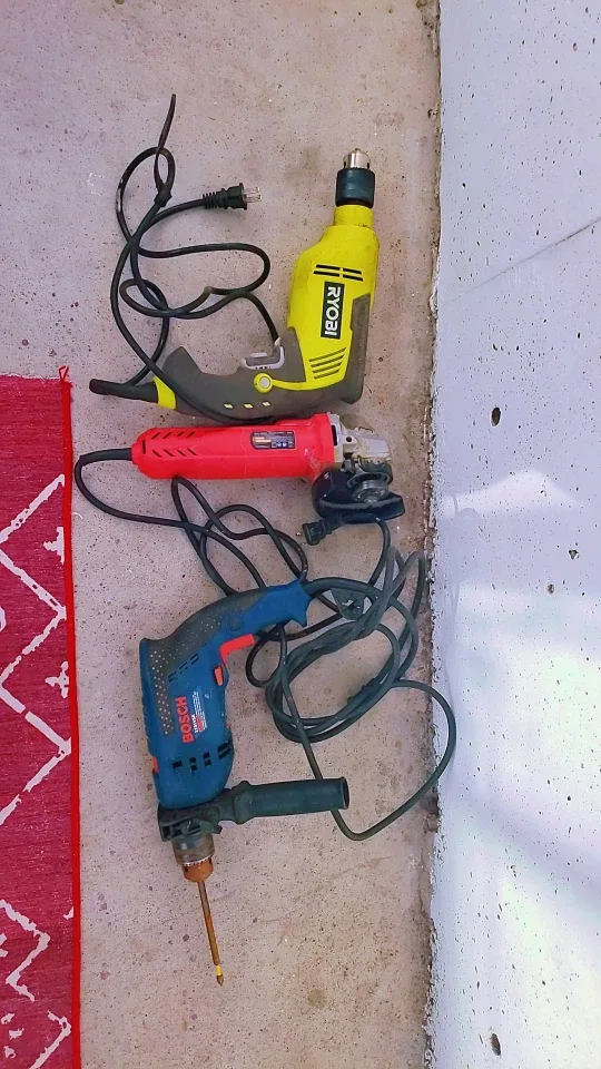 Ryobi drill, Bosch drill, Red angle grinder
