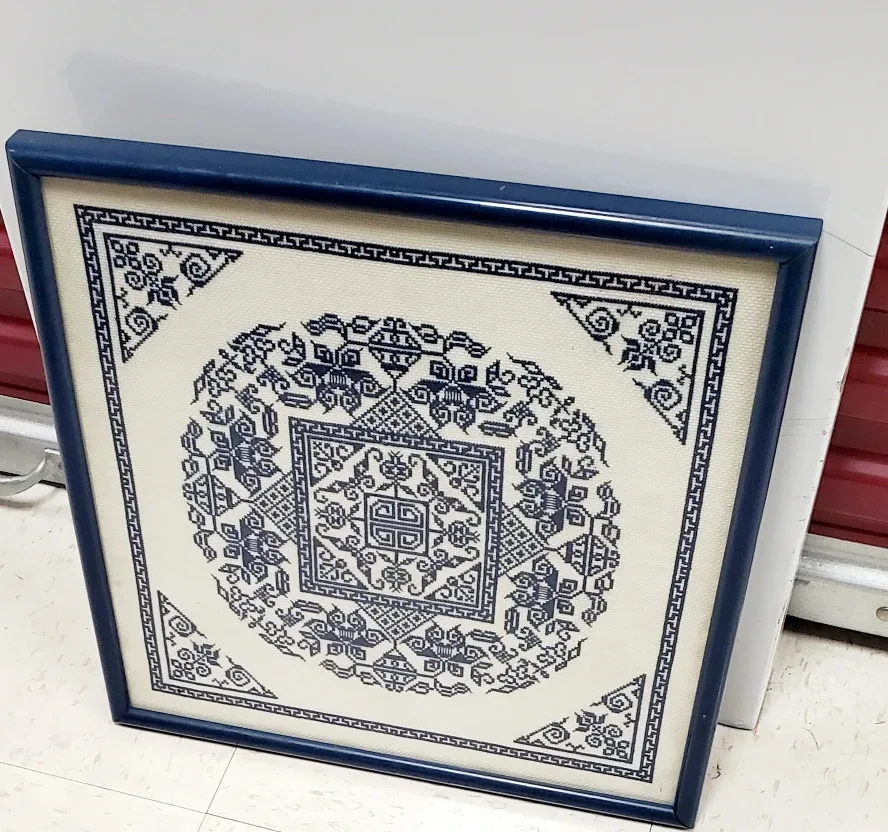 Framed Cross Stitch Art - Blue Oriental Design