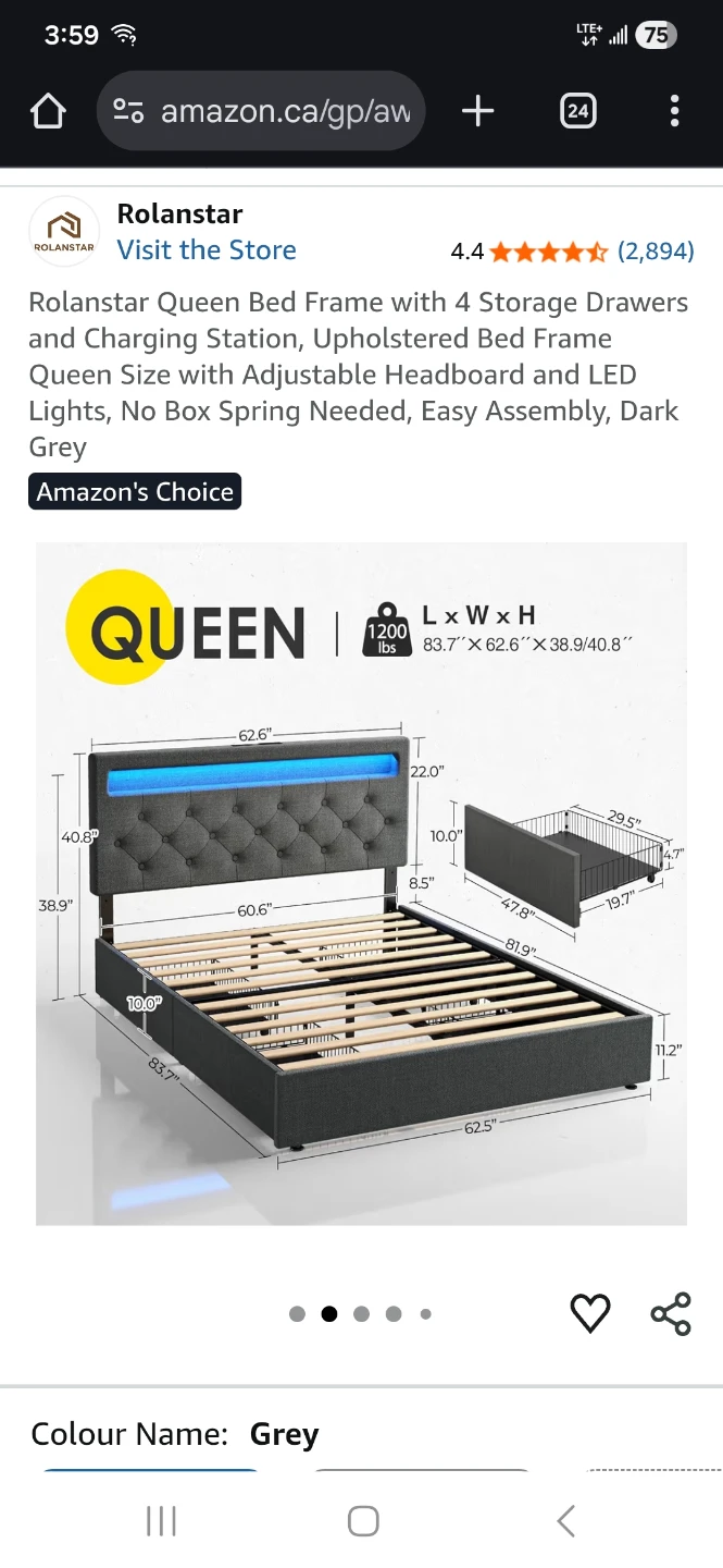 Rolanstar Queen Bed Frame - Dark Grey