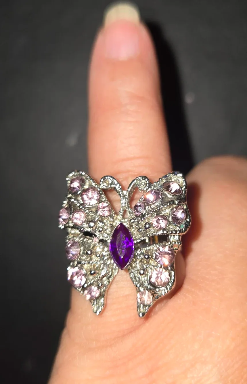 Butterfly Ring - Silver Tone with Purple & Pink Gems image indicator(2)