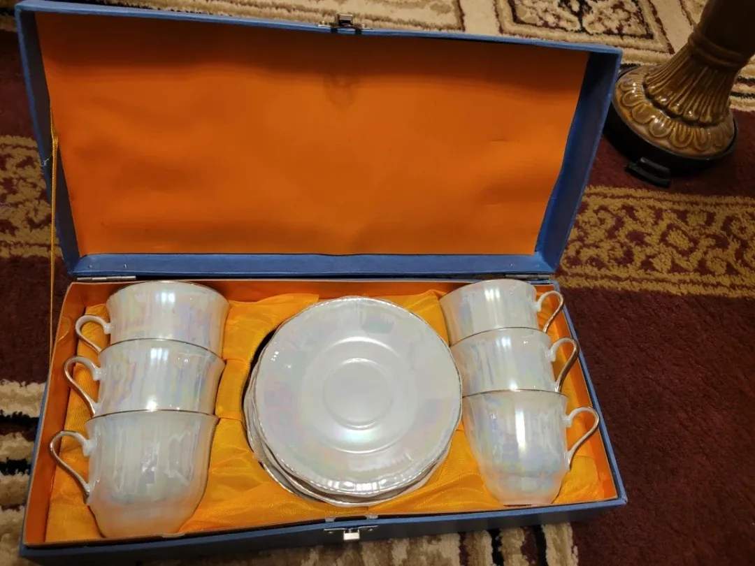 Vintage Iridescent Tea Cup Set with Box