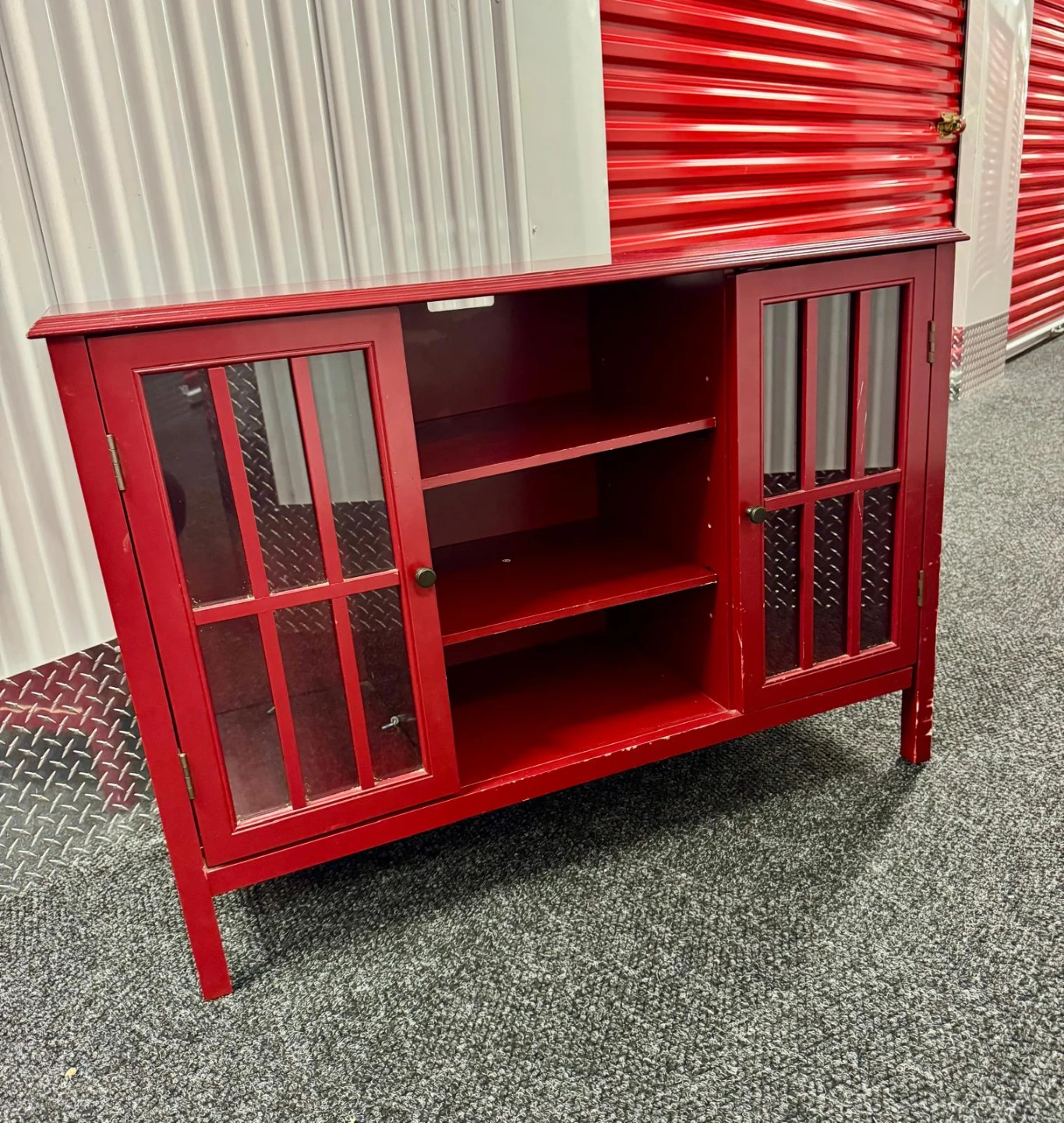 Red Media Cabinet with Glass Doors