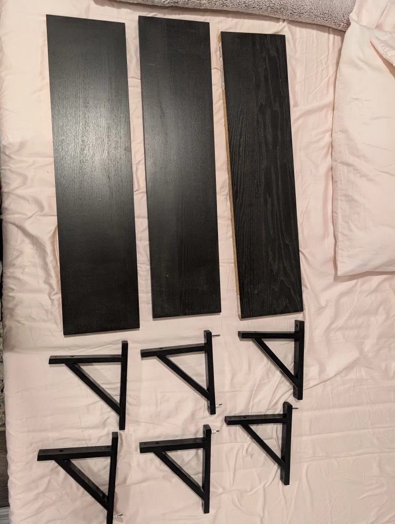 3 Black Ikea Floating Shelves with 2 matching brackets each