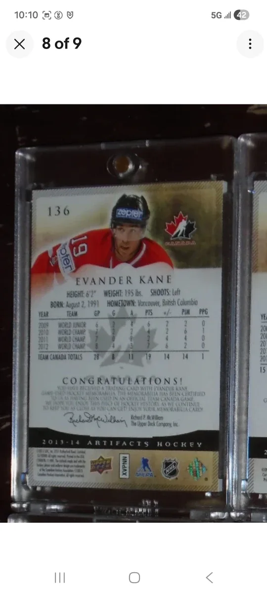 Evander Kane, Upper Deck Artifacts, Gold Hockey Card image indicator(6)