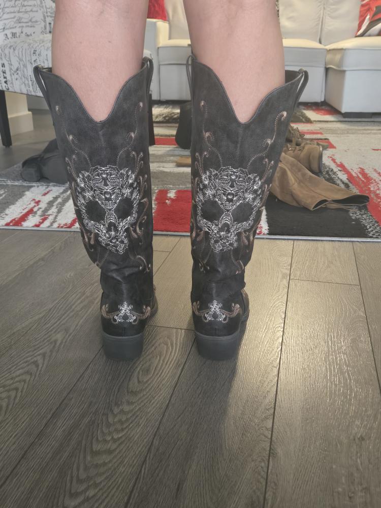 Black Embroidered Skull Boots