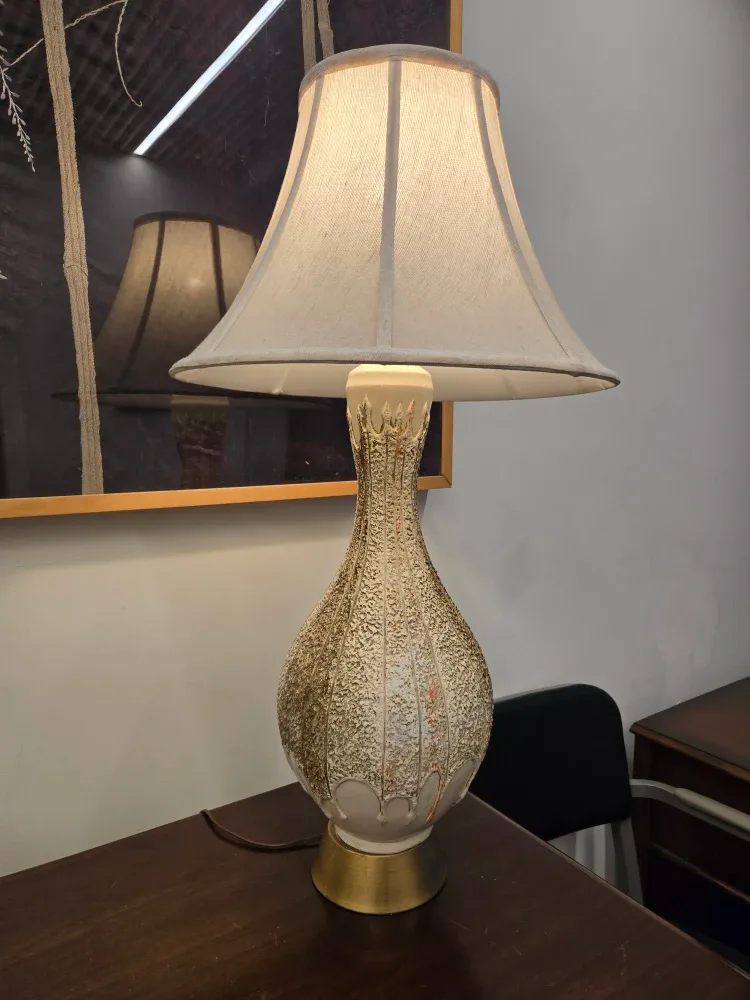 MCM White And Gold Table Lamp With Linen Shade