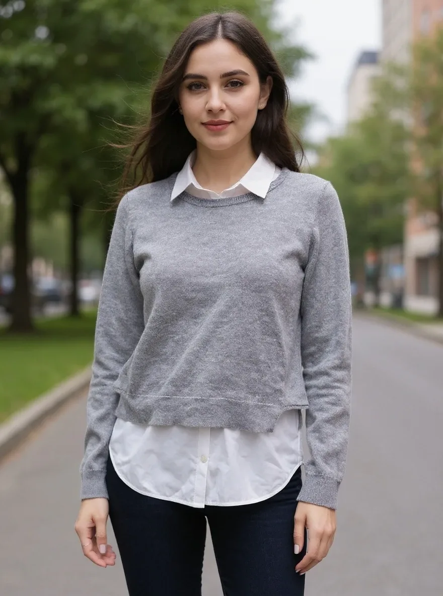 Grey Sweater with White Shirt Detail