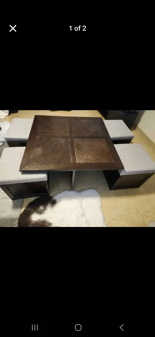 Dark Wood cofee Table with 4 Ottomans