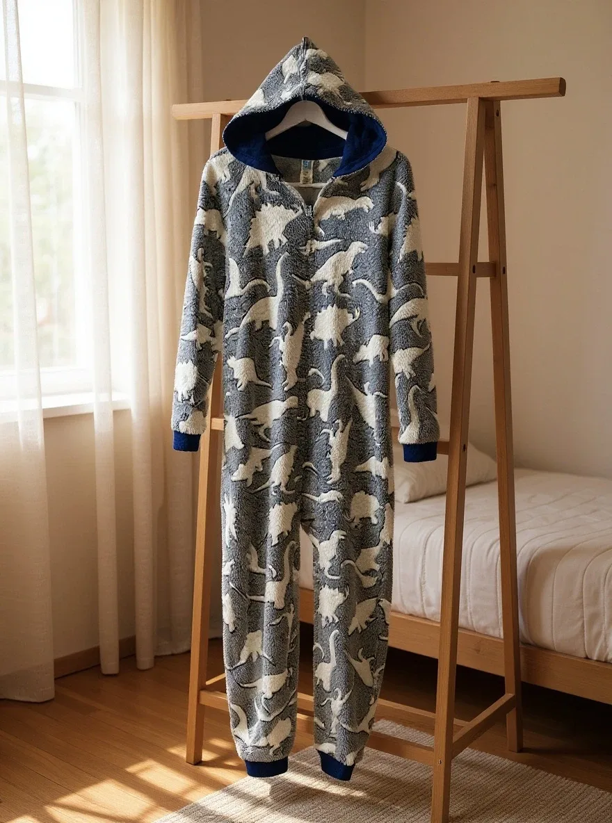 Dinosaur Print Fleece Onesie XXL size 16 Glows in the Dark