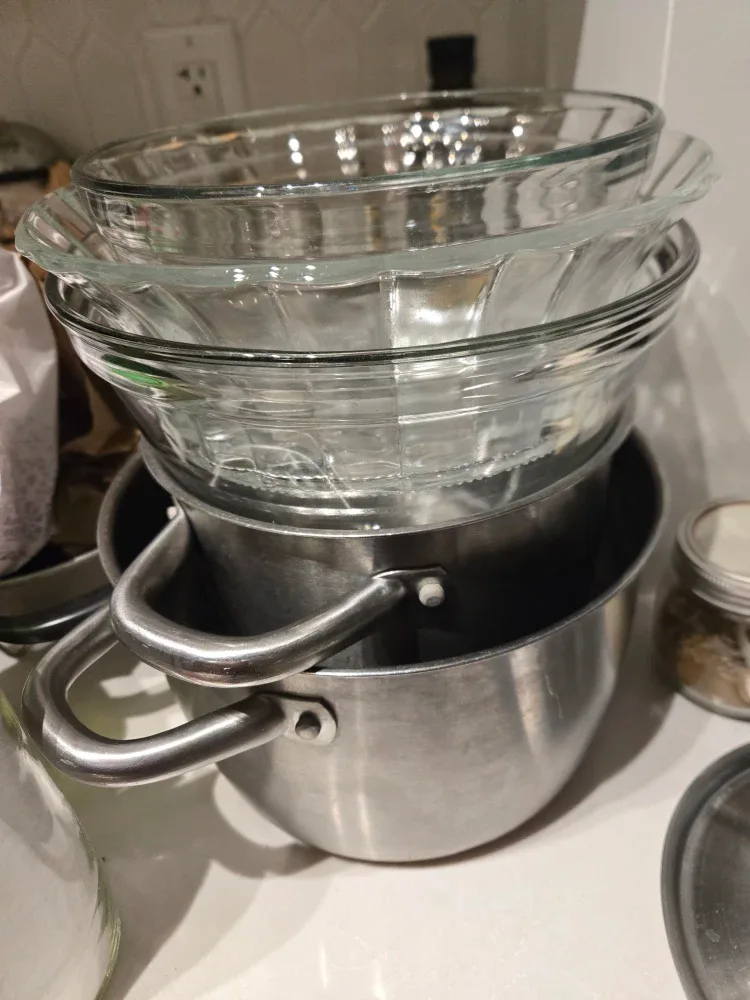 Glass Bowls & Metal Pot Set