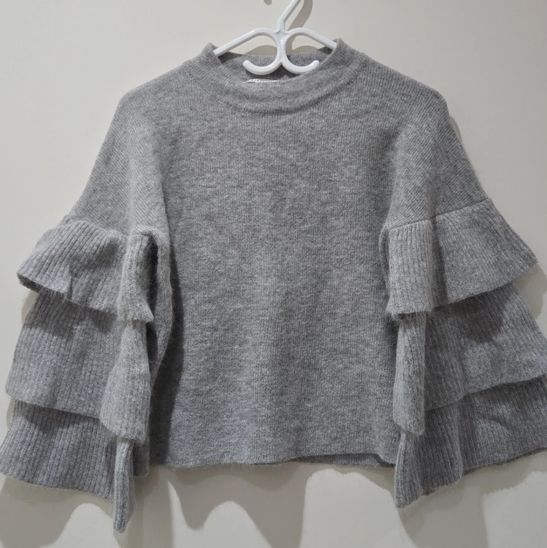 Endless Rose Grey Ruffle Sleeve Sweater - Size M