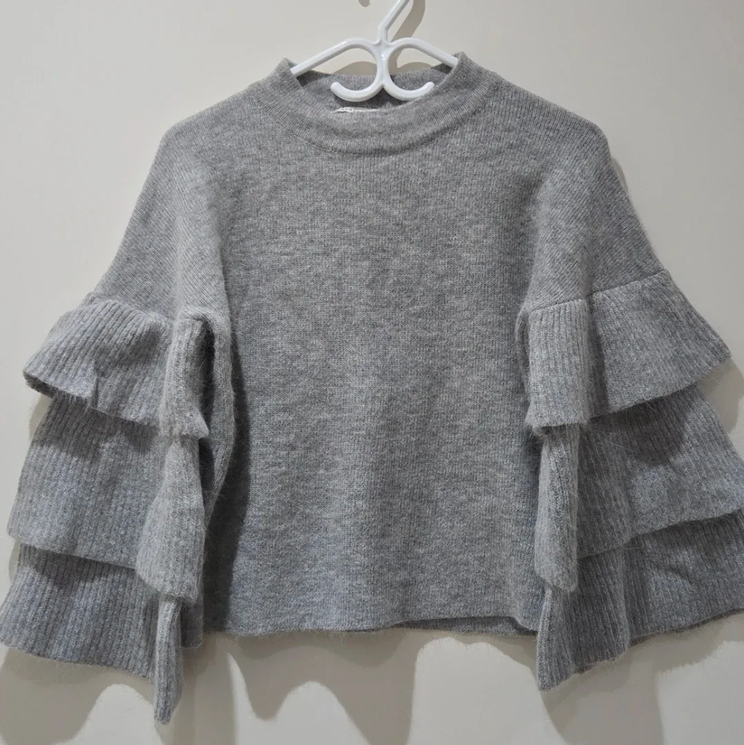Endless Rose Grey Ruffle Sleeve Sweater - Size M