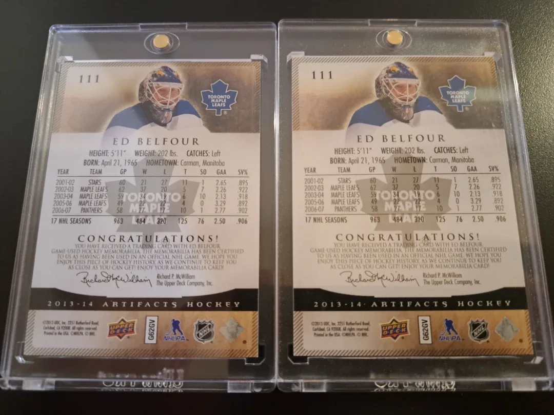 Upper Deck artifacts/Ed Belfour/silver/Emerald game worn cards image indicator(6)