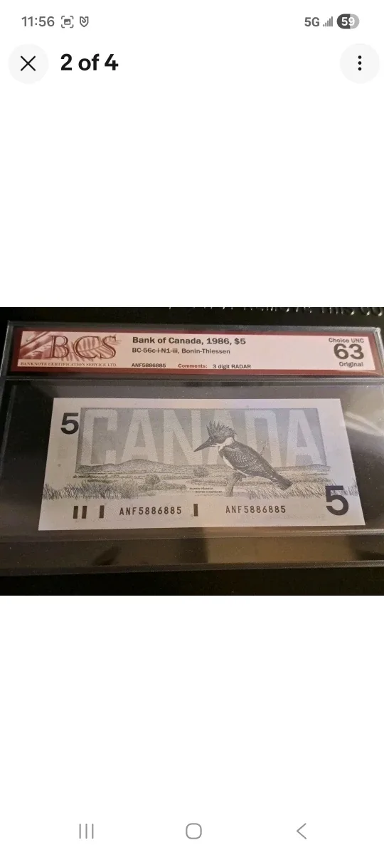 Bank of Canada 1986 $5 Bill, three digit radar image indicator(2)