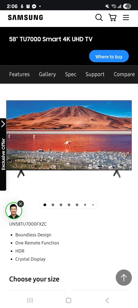 Samsung Smart TV 58" UN58TU7000FXZC