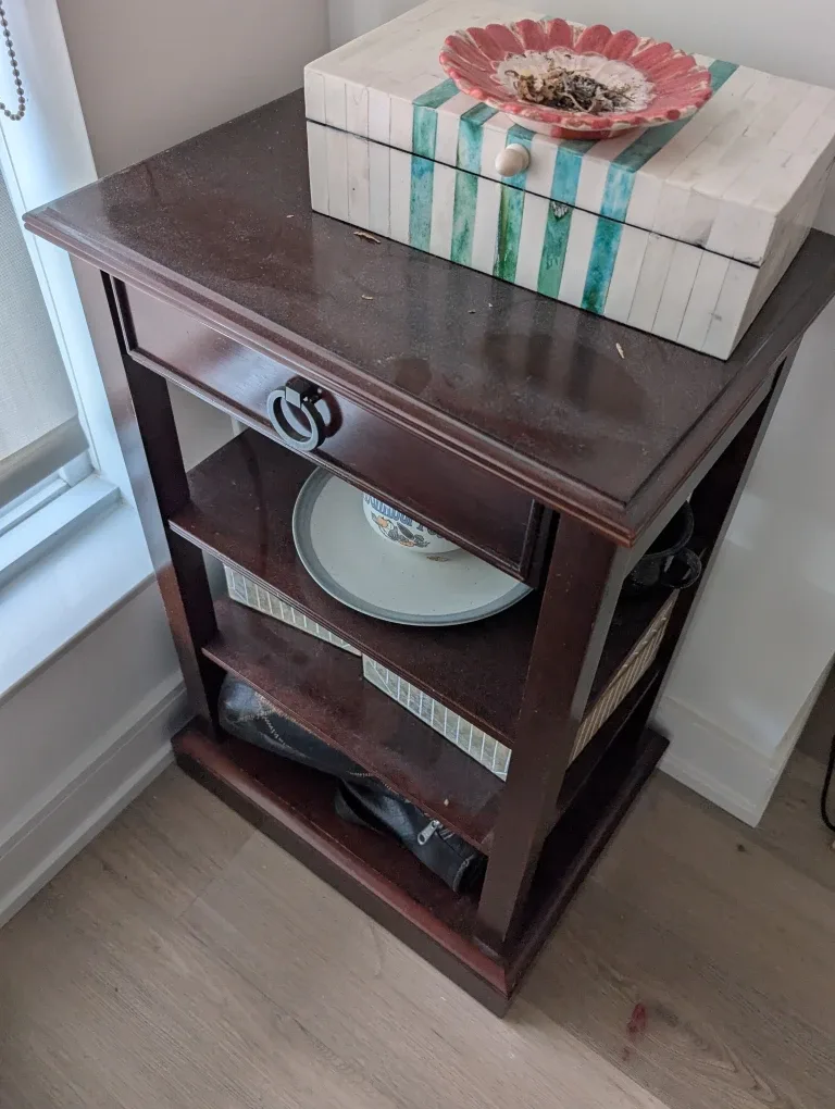 Bombay Dark Wood Side Table with Drawer & Shelves image indicator(3)