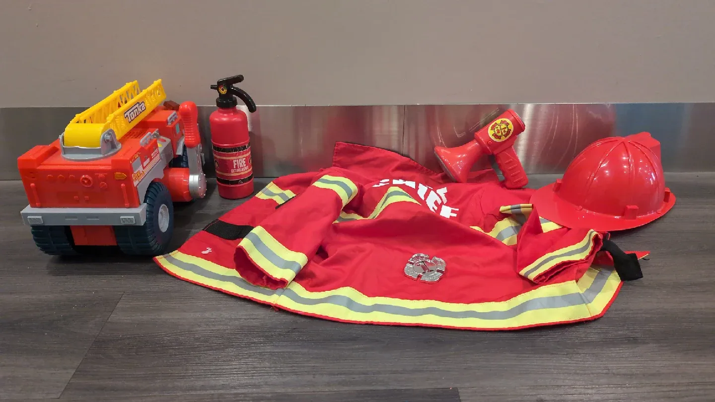 Firefighter Costume & Tonka Firetruck thumbnail