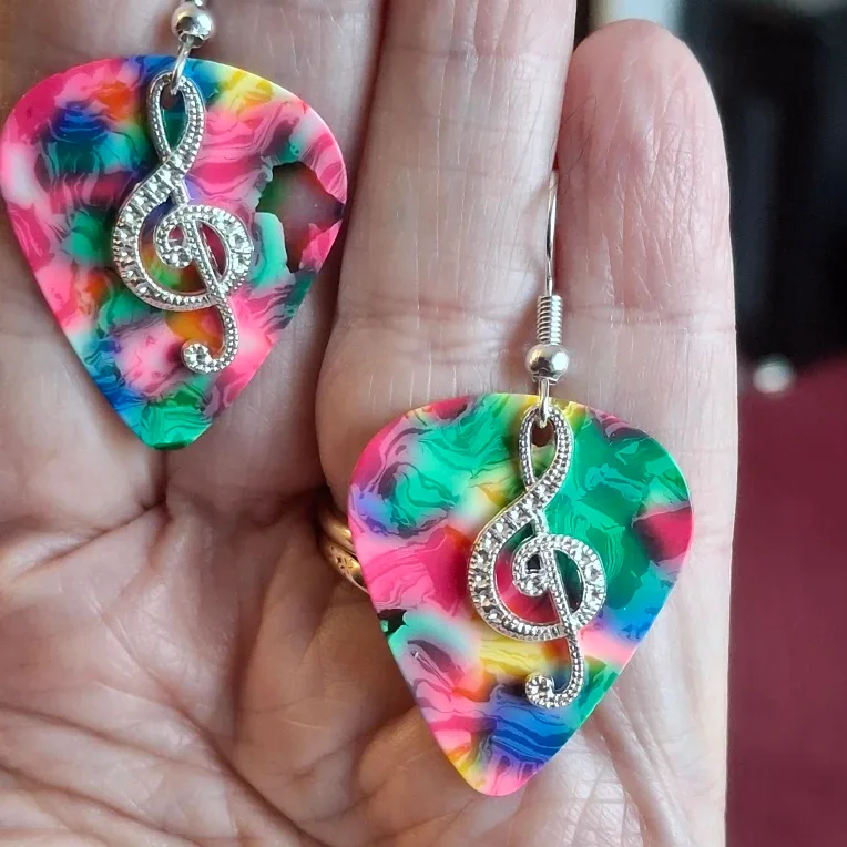 Guitar Pick Earrings with Treble Clef Charm
