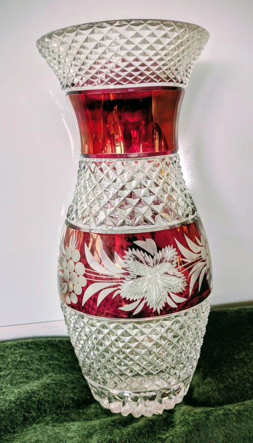 Vintage Bohemian Ruby Red Cut to Clear Crystal Vase