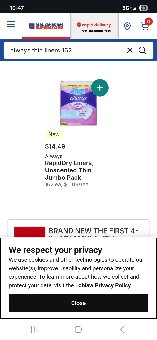 Brand New Jumpo Pack Always Thin Liners 162 counts