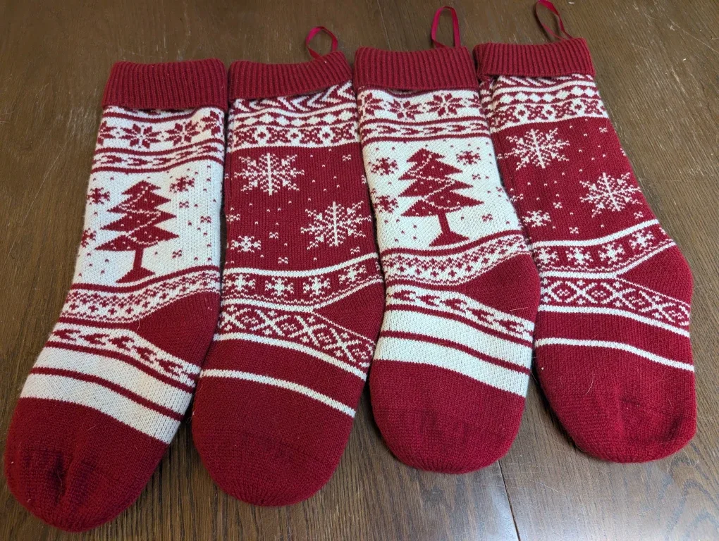 Set of 4 Christmas Stockings - Red & White